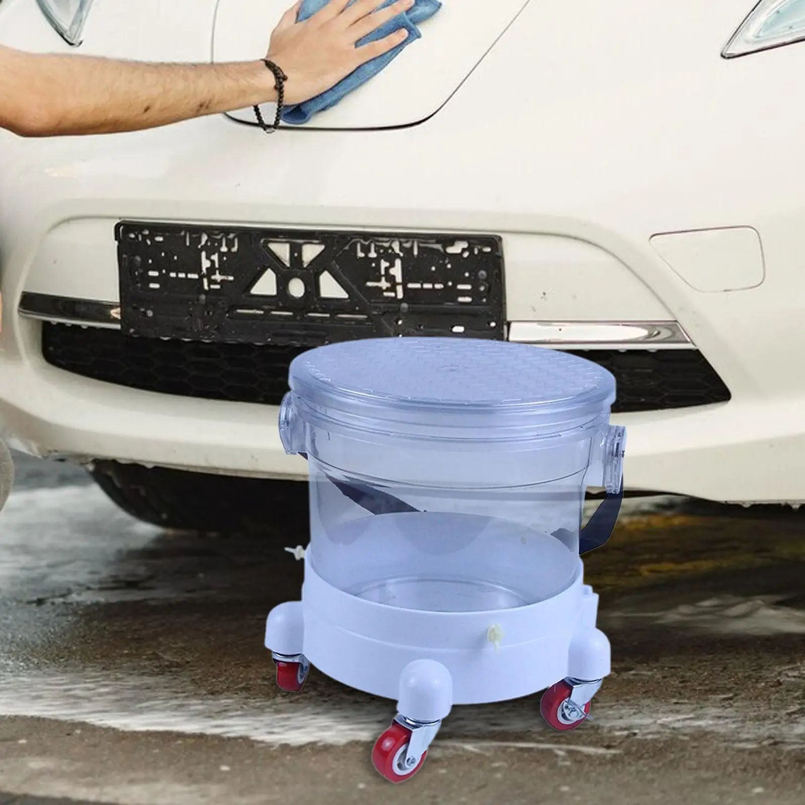 

Car Wash Bucket with 5 Swivel Wheel Casters Diameter 45cm Clear Lid and Body for Car Detailing Accessory with Grit Trap