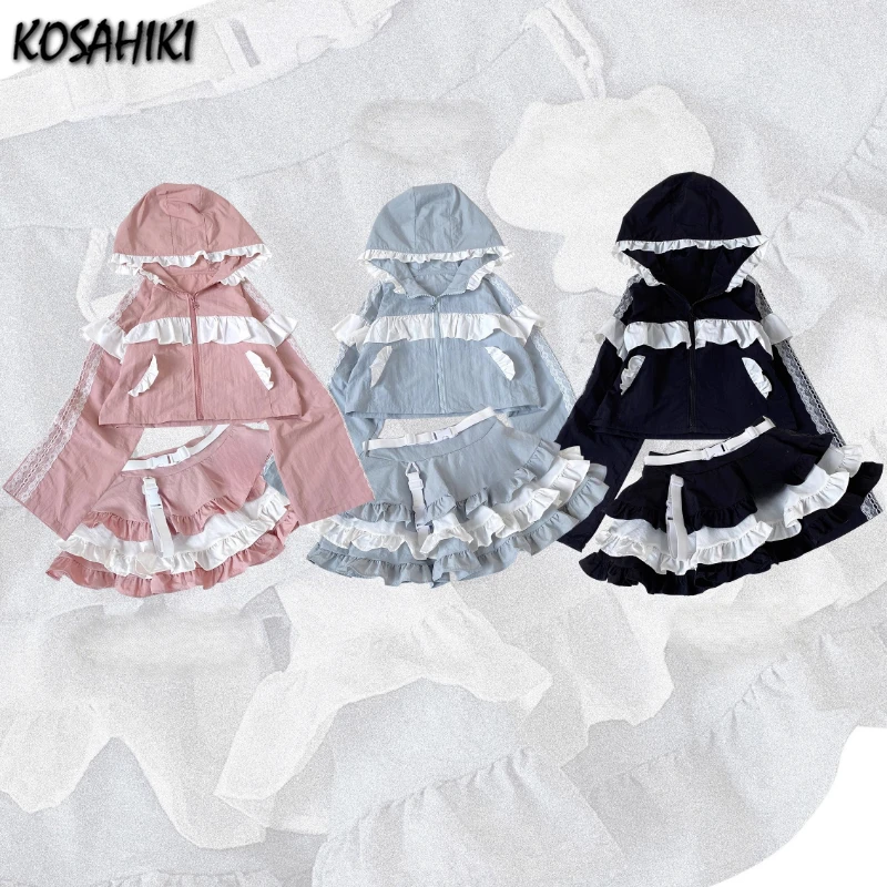 

Japanese Lolita Lace Patchwork Hooded Jackets Y2k Aesthetic Sun Protection Women's Loose Tops Grunge Cropped Ruffled Coats