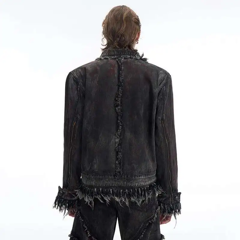 LUZHEN 2025 Wornout Burr Edge تصميم مرقع فضفاض مستقيم واسع الساق جينز رجالي موضة الشارع الأصلي الدنيم سترة LZ8607