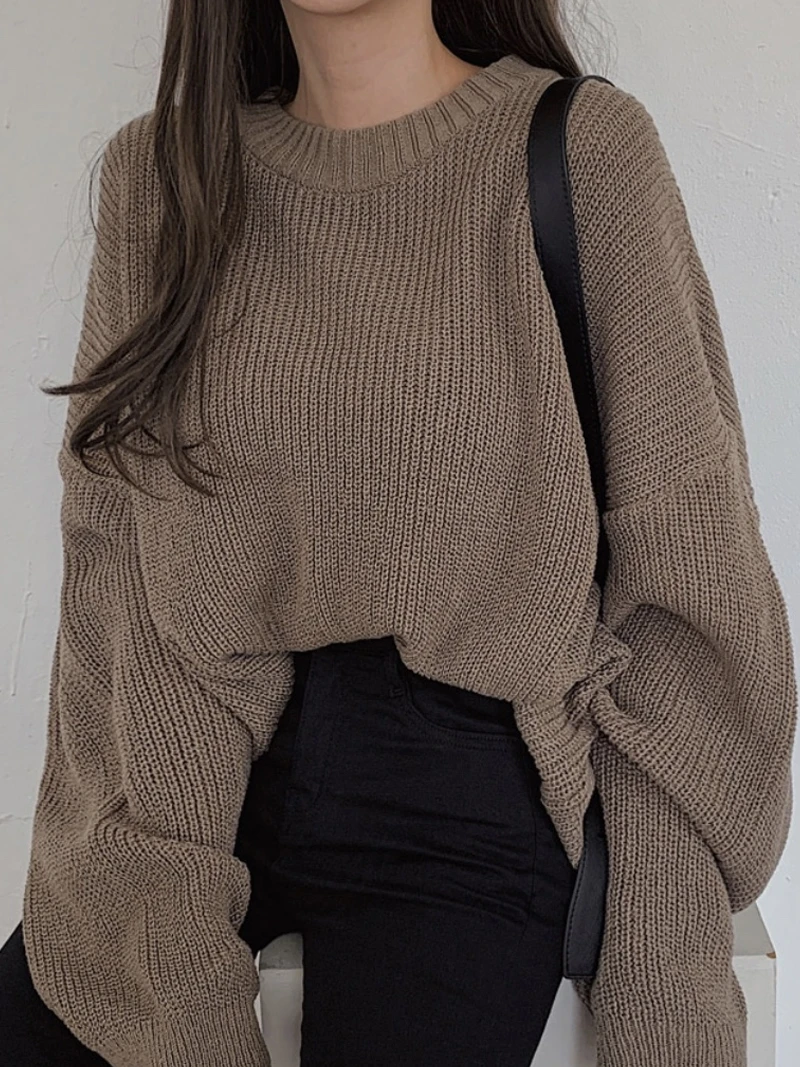 

Chic Lazy Knitted Sweater Autumn Winter Loose Casual Long Sve Overhead round Ne Top Women's Faion Premium Quali Knit...