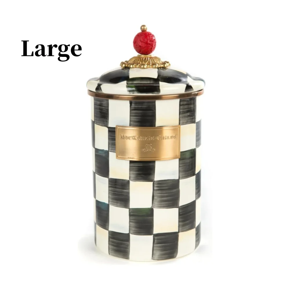 

Large Enamel Canister, Kitchen Storage Container for Flour and Sugar, 64 Ounces, Black-and-White Courtly Check