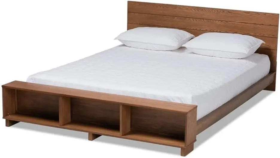 Regina Modern Rustic Ash Walnut Brown Finished Wood Full Size Platform Storage Bed With Built-In Shelves