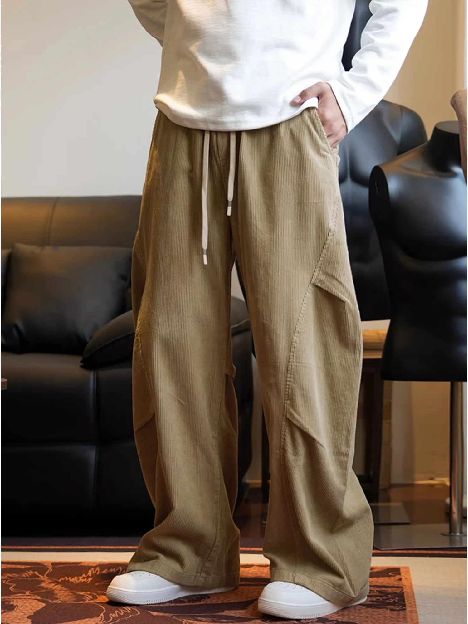 

Thiened Fce Lined Corduroy Casual Pants for Men Dstring Loose Wide Leg Straight Cut Long Trousers Autumn Winter Cotton