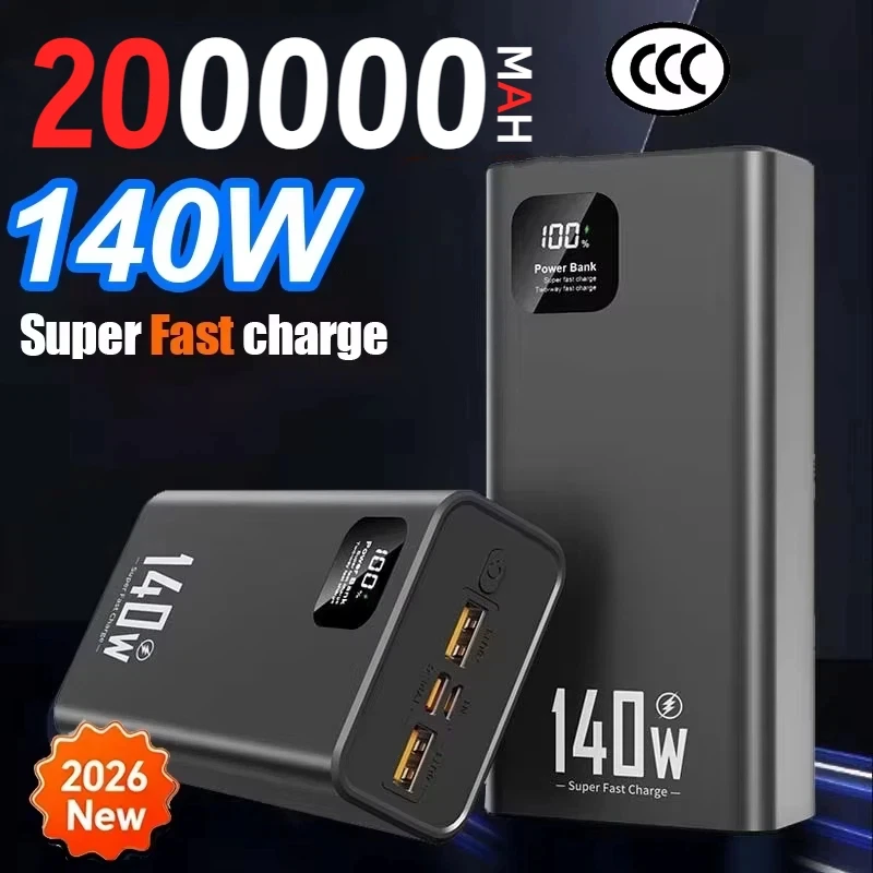 

140 Вт Power Bank 200000 мАч Высокая емкость Сверхбыстрая зарядка Портативное зарядное устройство для iPhone Samsung НОВИНКА