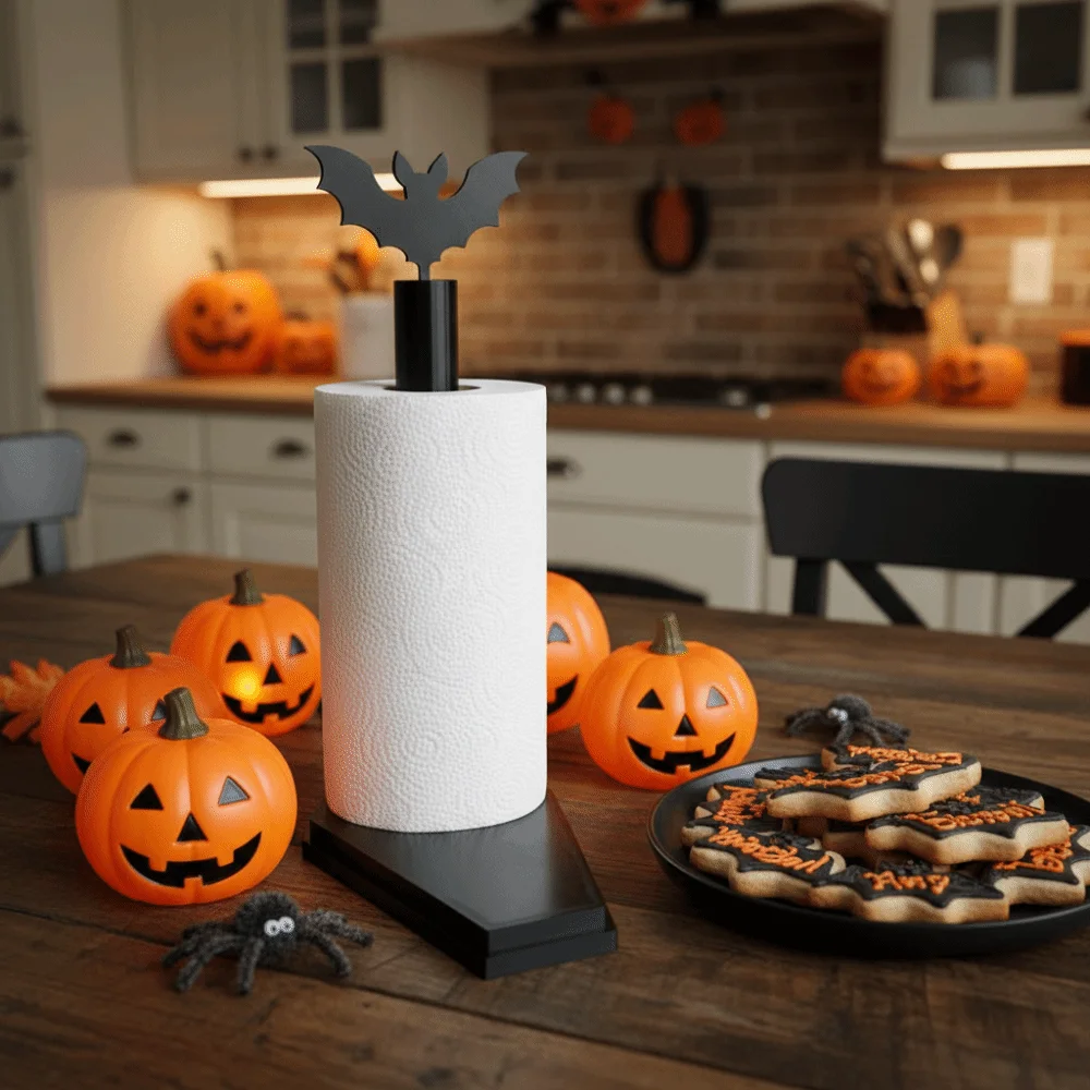 Vertical Halloween Towel Holder Countertop Wooden Spider Web Paper Rack Lightweight Durable Bat Tissue Stand Camper