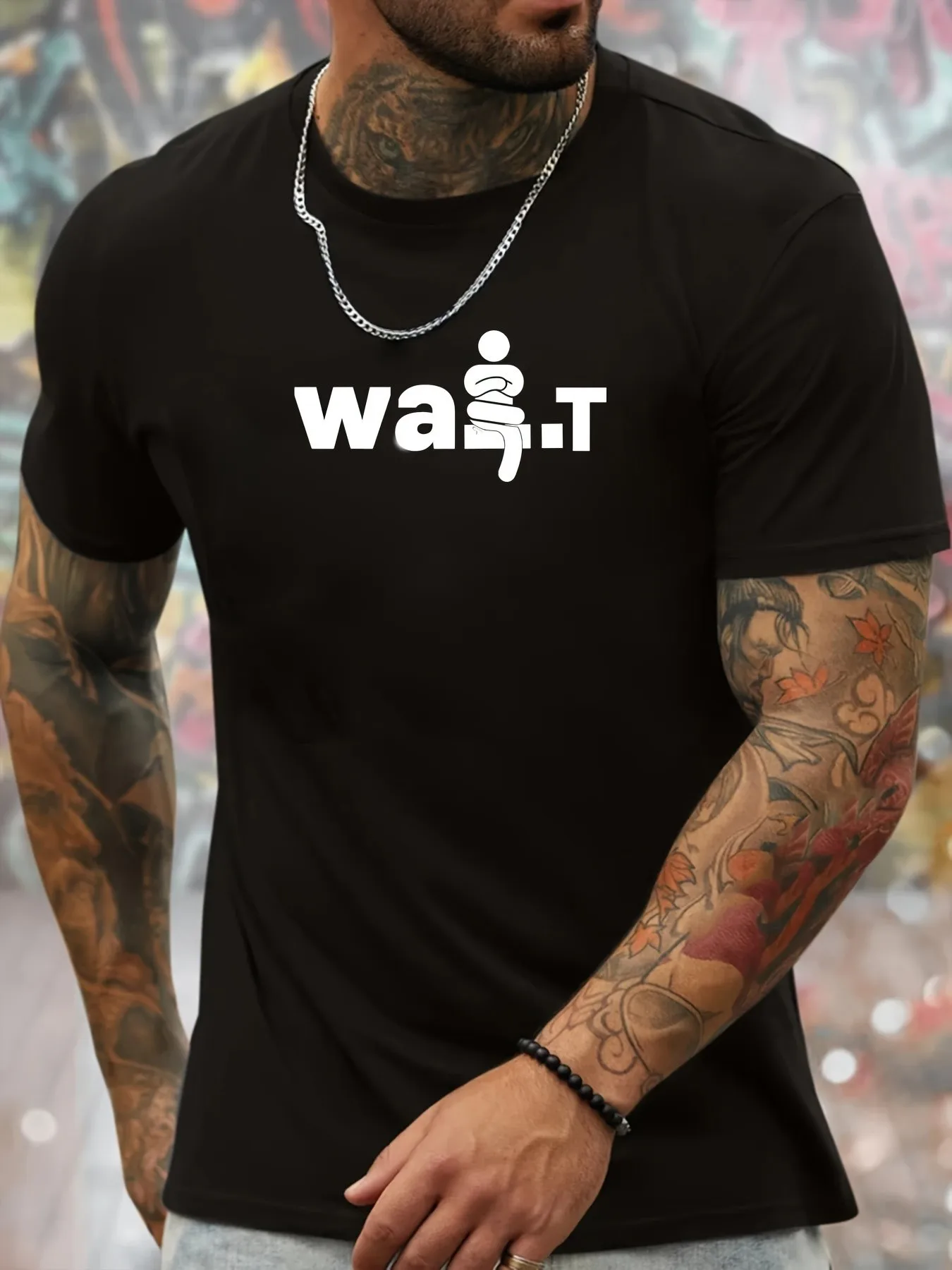 

Men's Black T-Shirt with a Tattoo Design Featuring the Text "Was.T", Casual Crew Neck, Short Sleeves