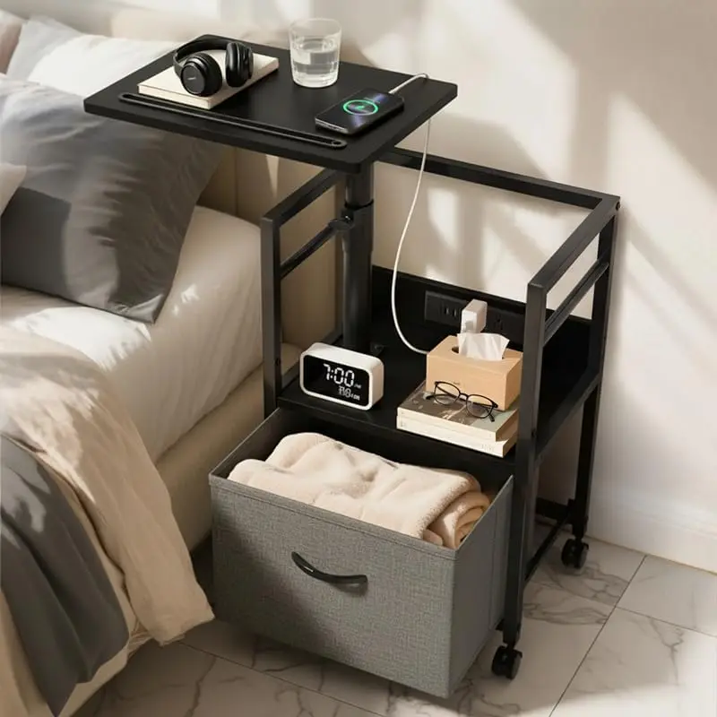 

Прикроватная тумбочка с регулируемой высотой и зарядной станцией, передвижной тканевый столик-тумба на колесиках для спальни и гостиной