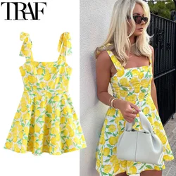 TRAF Woman Fruit Print Slip Dress Tied Sleeveless Yellow Short Dresses Summer Backless Mini Dress Women Beach Holiday Dresses