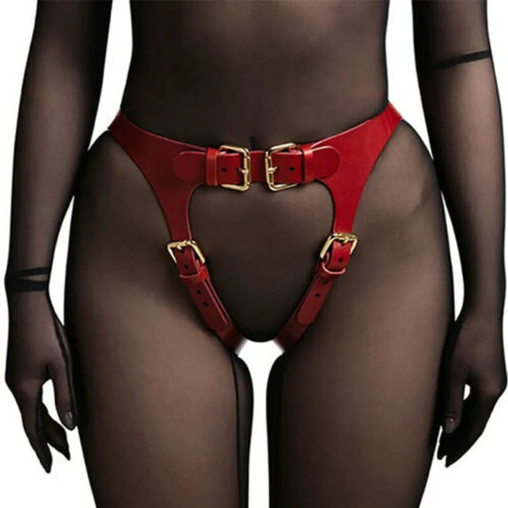 2PCS Red Sexy Women\'s Leather Harness Bra Adjustable Punk Bra Cross Bondage Corset Strap Body Bondage Strap Belt Suit Set