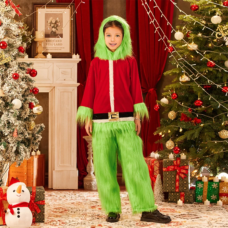 Costume de cosplay de Noël pour petits enfants, monstre à fourrure verte, père Noël à capuche, pantalon flou vert Y, ensemble pour garçons et filles