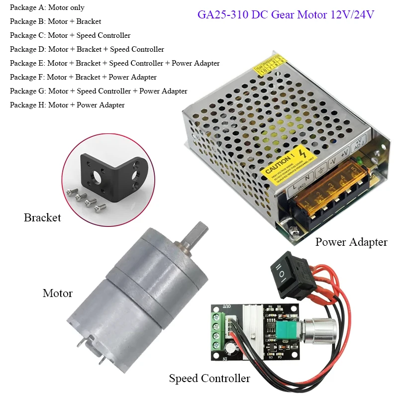 GA25-310 Geared Motor 12V 24V Low Speed Large Torque Bracket + Controller + Power Reversed Reducer Mini Reduction Box Motor