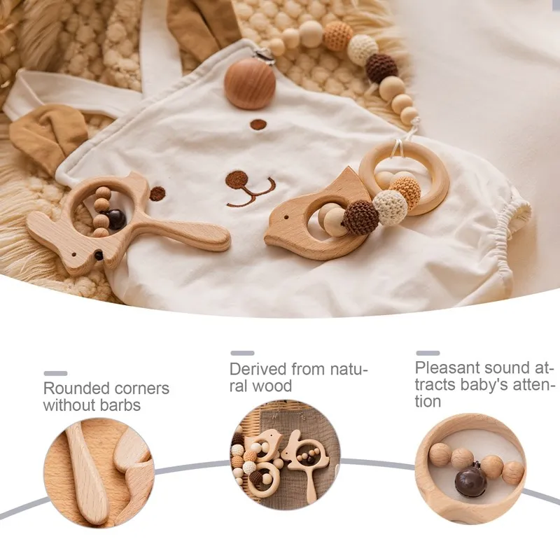 1set Baby Wooden Rattles Plush Crochet Animal Music Rattle Pacifier Chain Clip Newborn Wooden Teether Nursing Chew Cartoon Toy