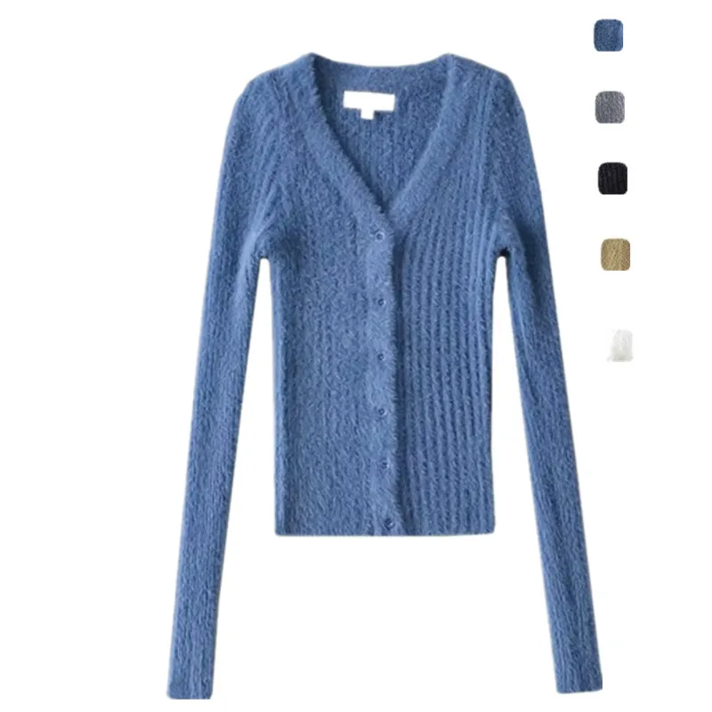 

Вязаный кардиган из искусственного меха на одной пуговице в американском стиле ретро V-Ne Soft ort Sve Long Sve Color Street Sle Top