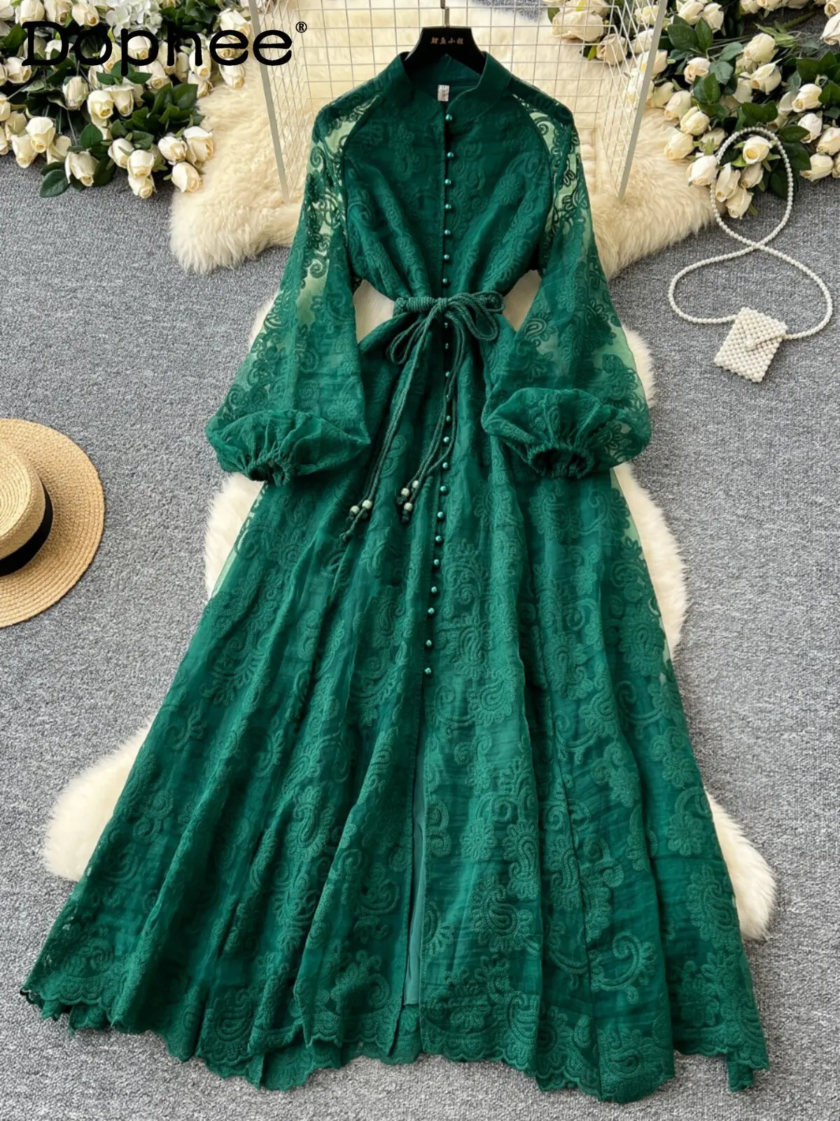 

European and American Style Elegant Lady Embroidered Lantern Sleeve Dress 2026 New Model with Tie Waist Long Dress for Women