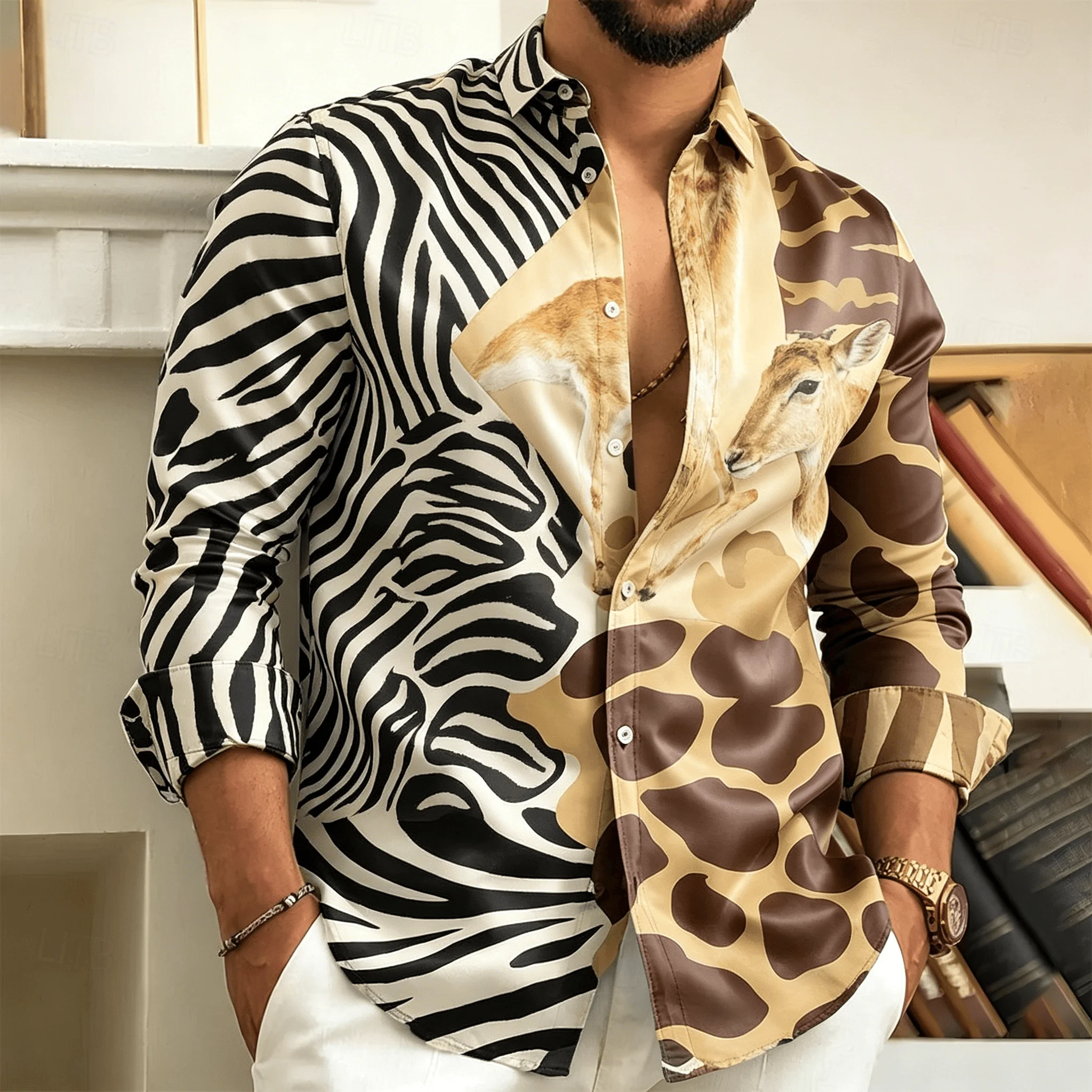 

Men's Animal Print Long Sleeve Shirt, Mixed Pattern with Antelope, Bold Wild Life Style Button Down for Spring & Summer