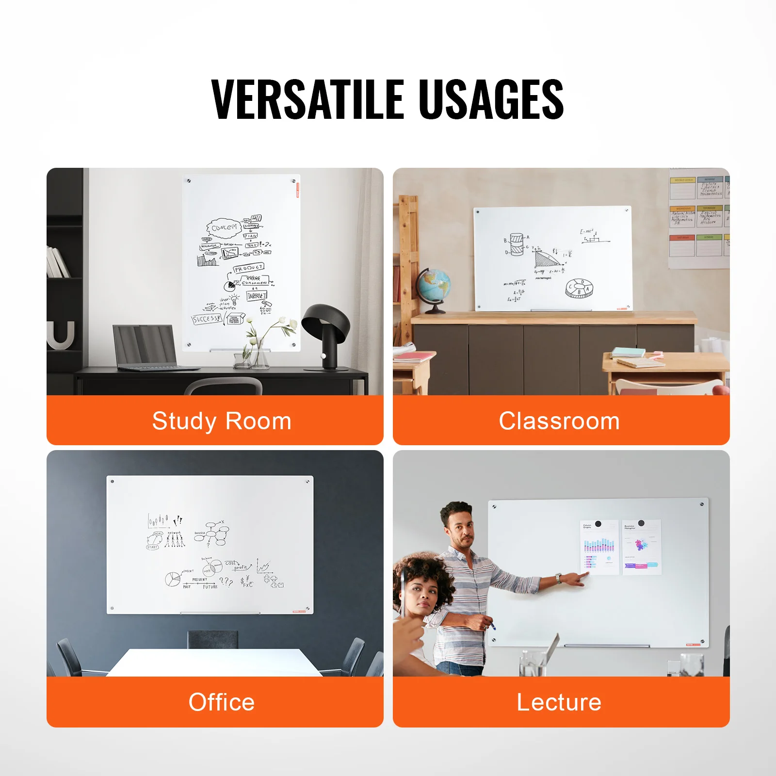 VEVOR Magnetic Glass Whiteboard 48"x32" Dry Erase Board Wall-Mounted Large White Frameless Glassboard for School Office Home