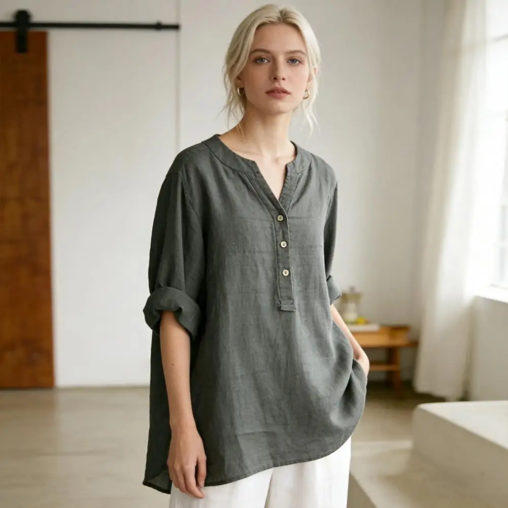 

Casual Women's Multi-Color Linen Long Sleeve Blouse V Neck Asymmetric Hem Loose Casual Top