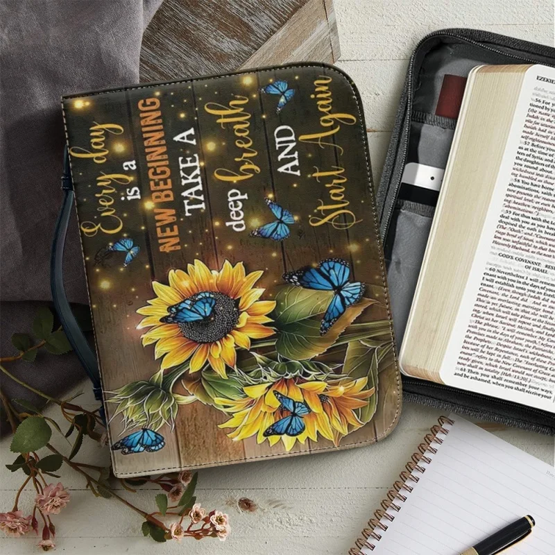 Every Day Is A New Beginning funda con estampado personalizado de mariposa girasol, bolsos de PU, libro de estudio, almacenamiento sagrado