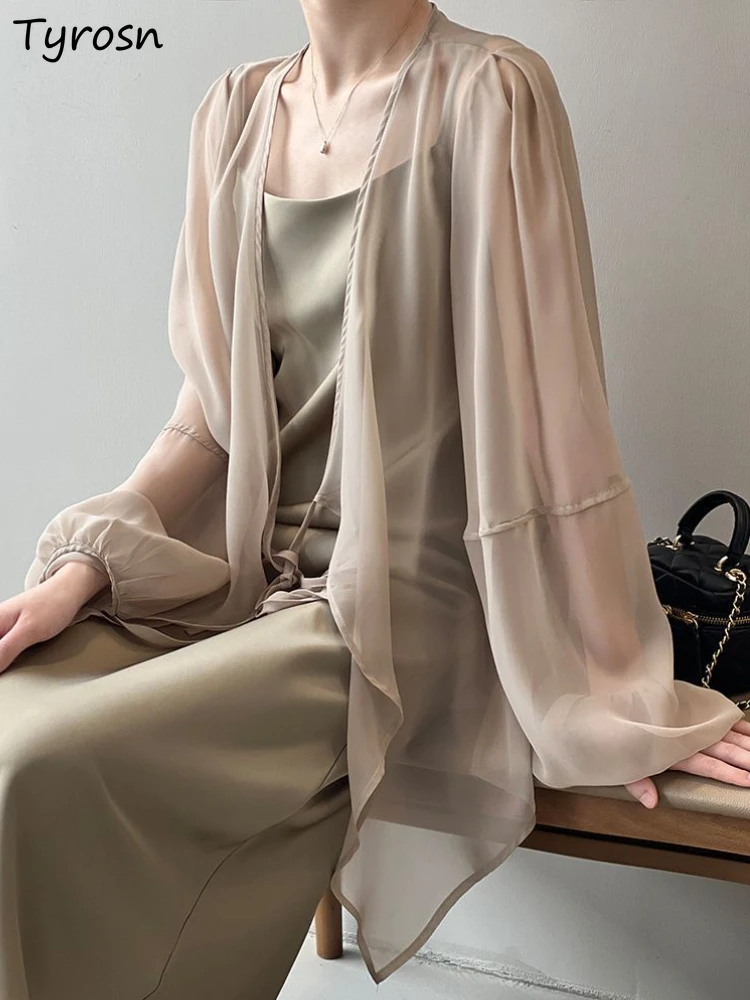 Kurtki damskie Eleganckie letnie, odporne na słońce, delikatne, modne, codzienne, luźne, proste, solidne, na wszystkie mecze, podstawowe, stylowe, w stylu koreańskim, bufiaste rękawy