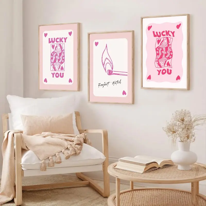 

Pink Colour Matchboard Poster Lucky You Fashion Modern Canvas Painting Home Girls Bedroom Decoration Frameless Wall Art