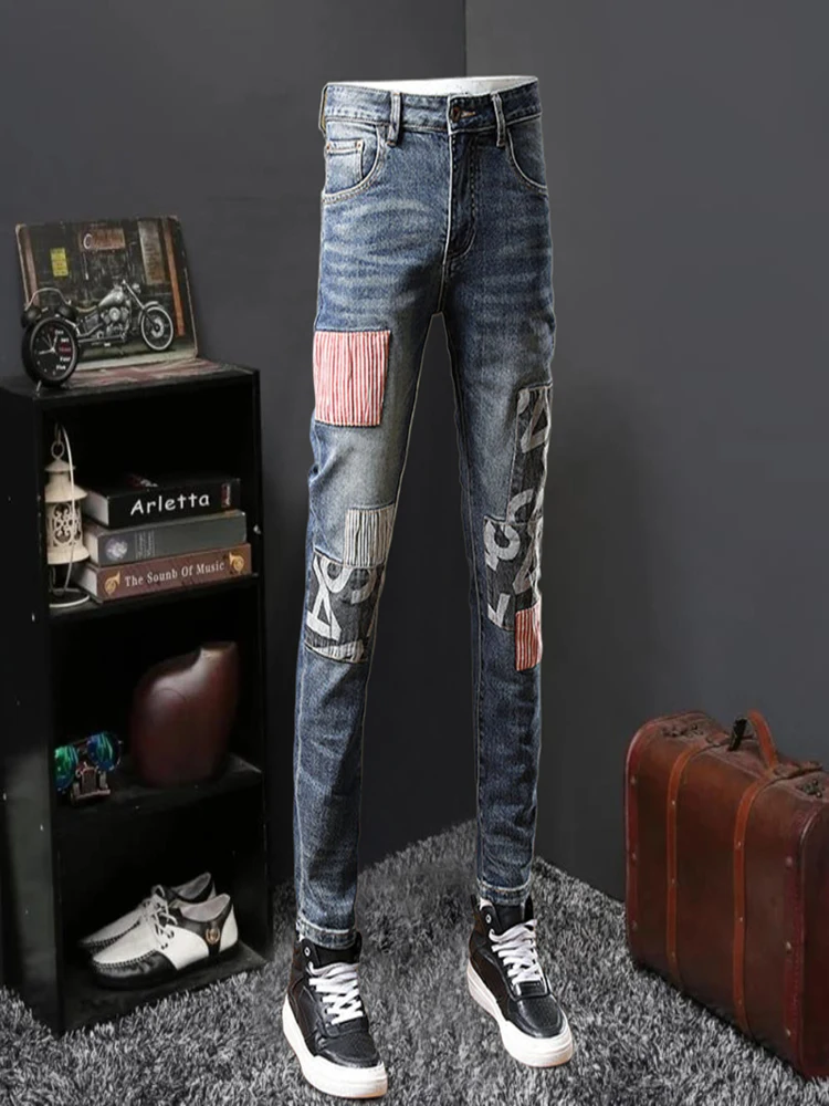 

European Men Hole Patch Slim Skinny Blue Jean Streetwear Washed Elastic High Street Hip Hop Pant Vaqueros Hombre