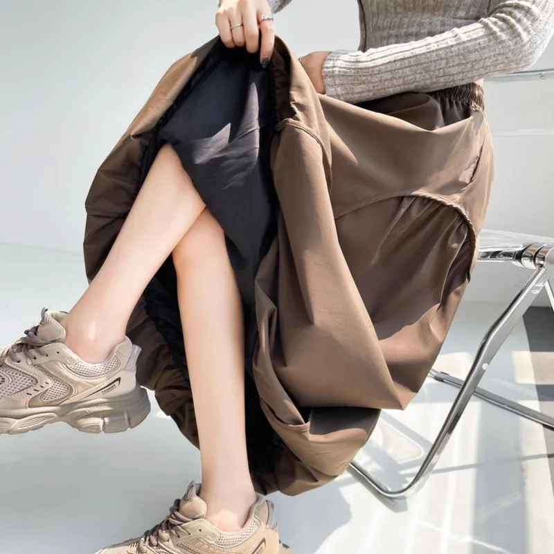 New Autumn Winter Fashion Bud Lantern Skirt Women Vintage Basic Elastic Waist Office Lady Big Swing Skirts Casual Jupe