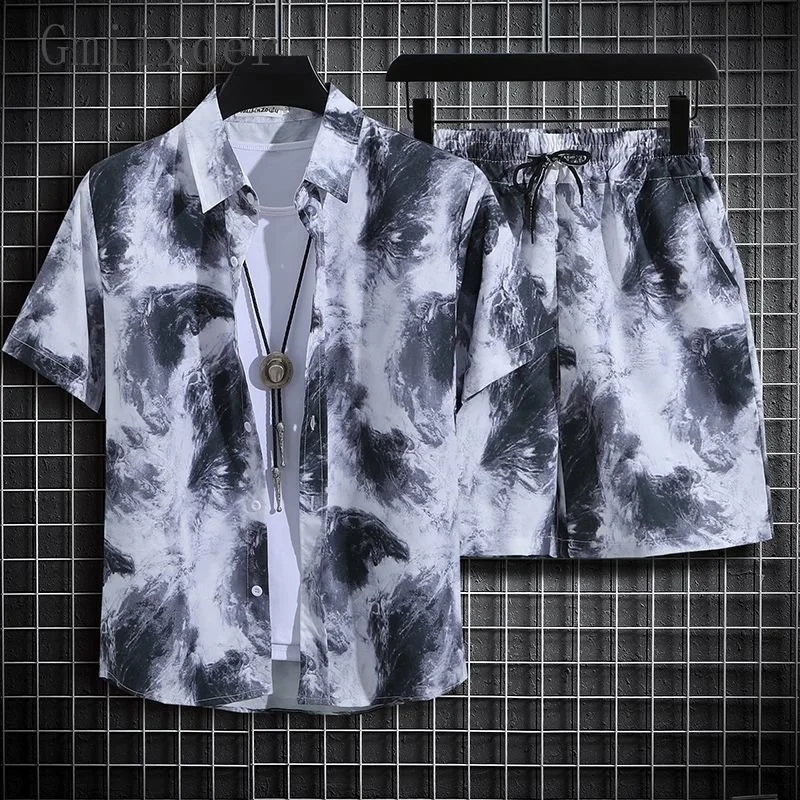 

Ice Silk Beach Set Men Short Sleeve Flower Shirt Unisex Loose Hawaiian Quick Dried Casual Shorts Male Vintage Tracksuit