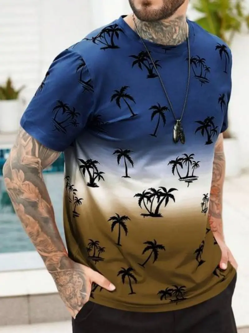 Hawaiian Coconut Tree Pattern Men's T-Shirt Summer Harajuku Short Sleeved 3d High-Definition Custom Round Neck Top, Casual Wear