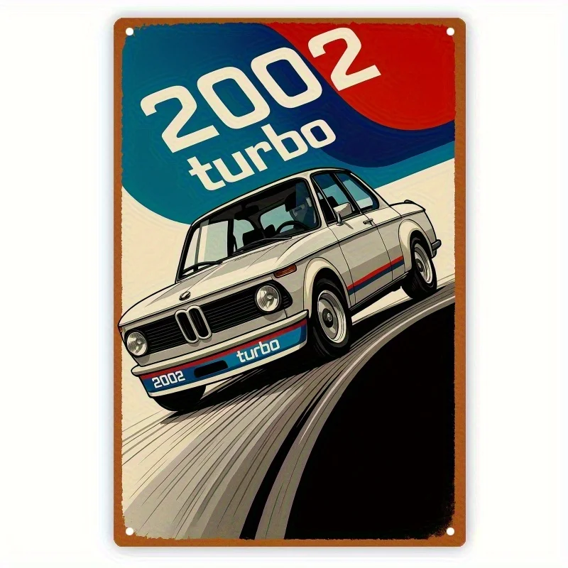 Sinal de lata de metal turbo vintage 2002, arte de parede retrô de carro clássico, design vermelho e azul com etiqueta "turbo", perfeito para casa, offi