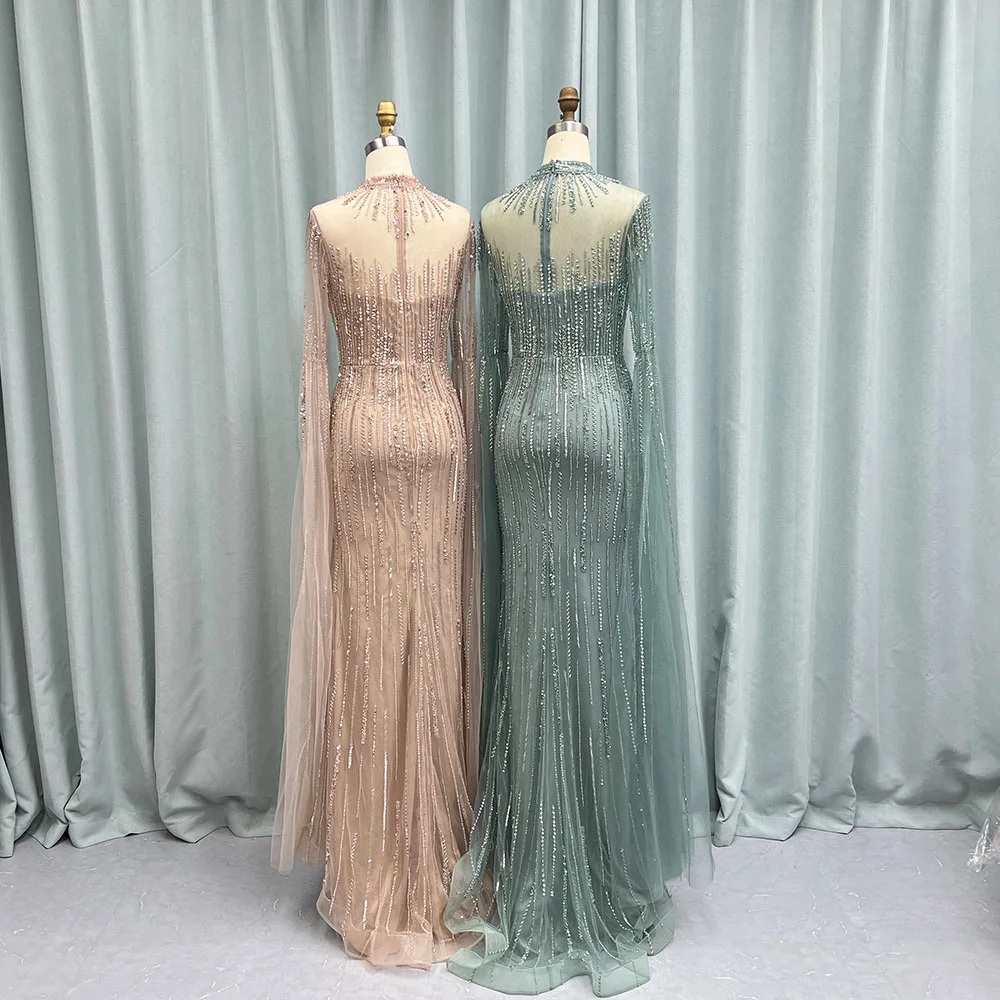 YQLNNE vestido de noche musulmán de manga larga, traje de tul con cuentas de sirena, color verde salvia, para fiesta de bodas