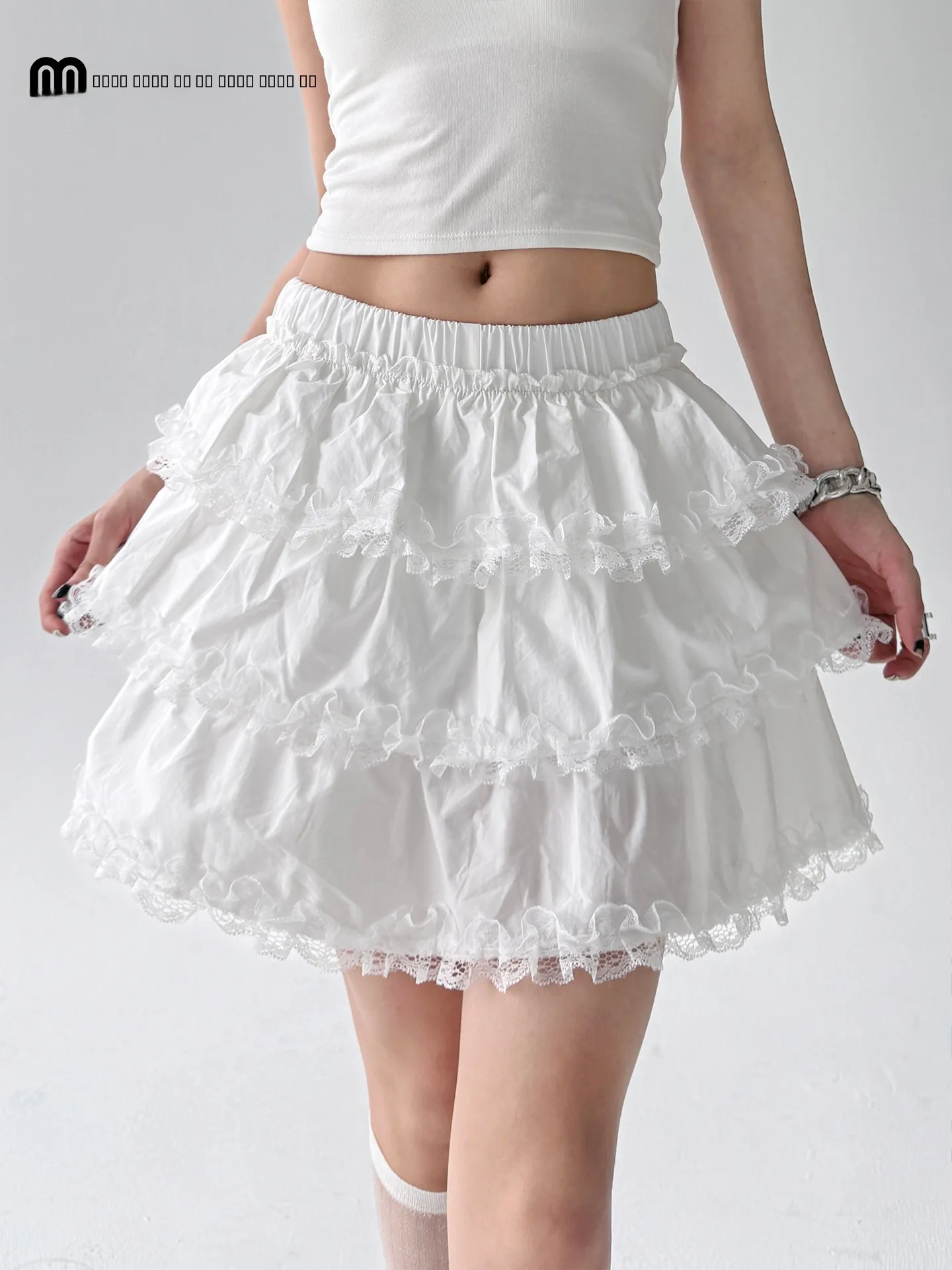 

Sweet Lace Trim Multi Layer Cake Skirt Women's Ballet Sle A-Line White f-length ort Skirt Summer New Arrival