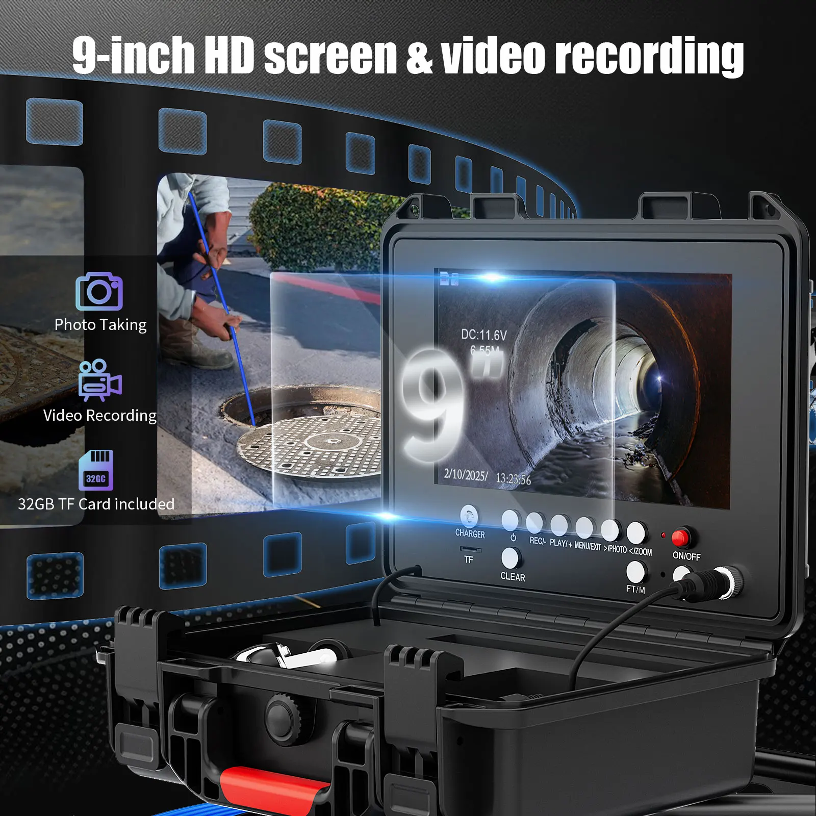 Piping endoscope camera 9 Inch+AHD 1080P Self-Leveling&512Hz Locator+Audio Recording+DVR 32GB Drain Sewer Camera with 7mm Cable