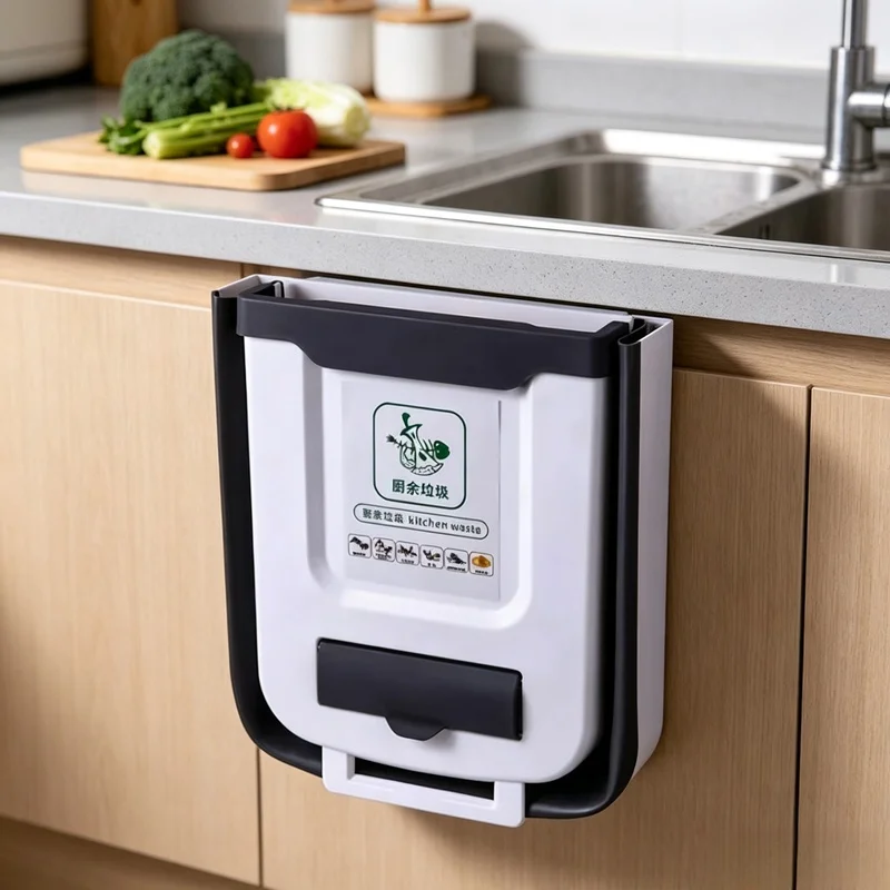 Wall‑Mounted Collapsible 10L Slim Trash Can, Hanging Waste Bin for Kitchen Bathroom Cabinet