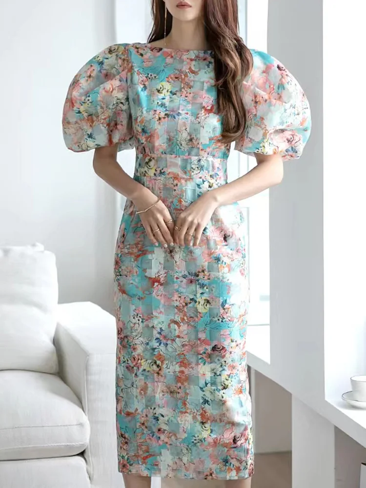 Elegant Party Dress Summer Fashion Organza Watercolor Printing Simple O-Neck Puff Sleeve High Waistline Temperament Dress Women