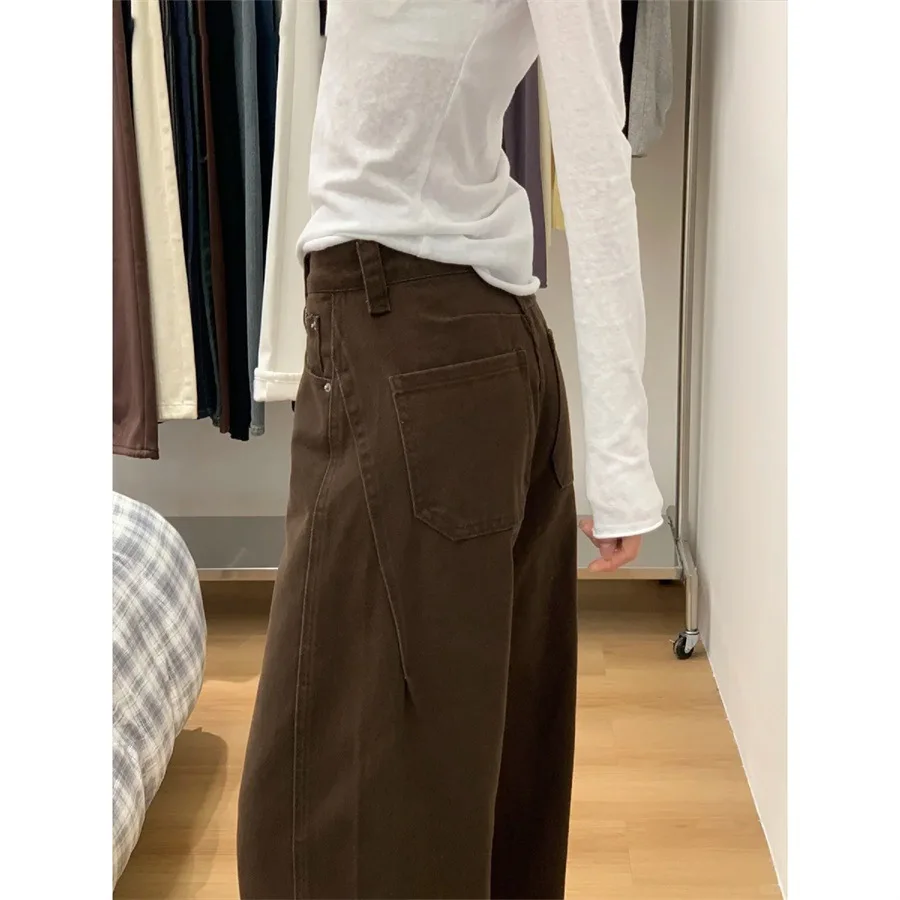 Café Brown Curved Knife Jeans Women's Trendy Autumn Winter Loose Slimming Banana Pants High Waist Wide Leg Cotton Denim