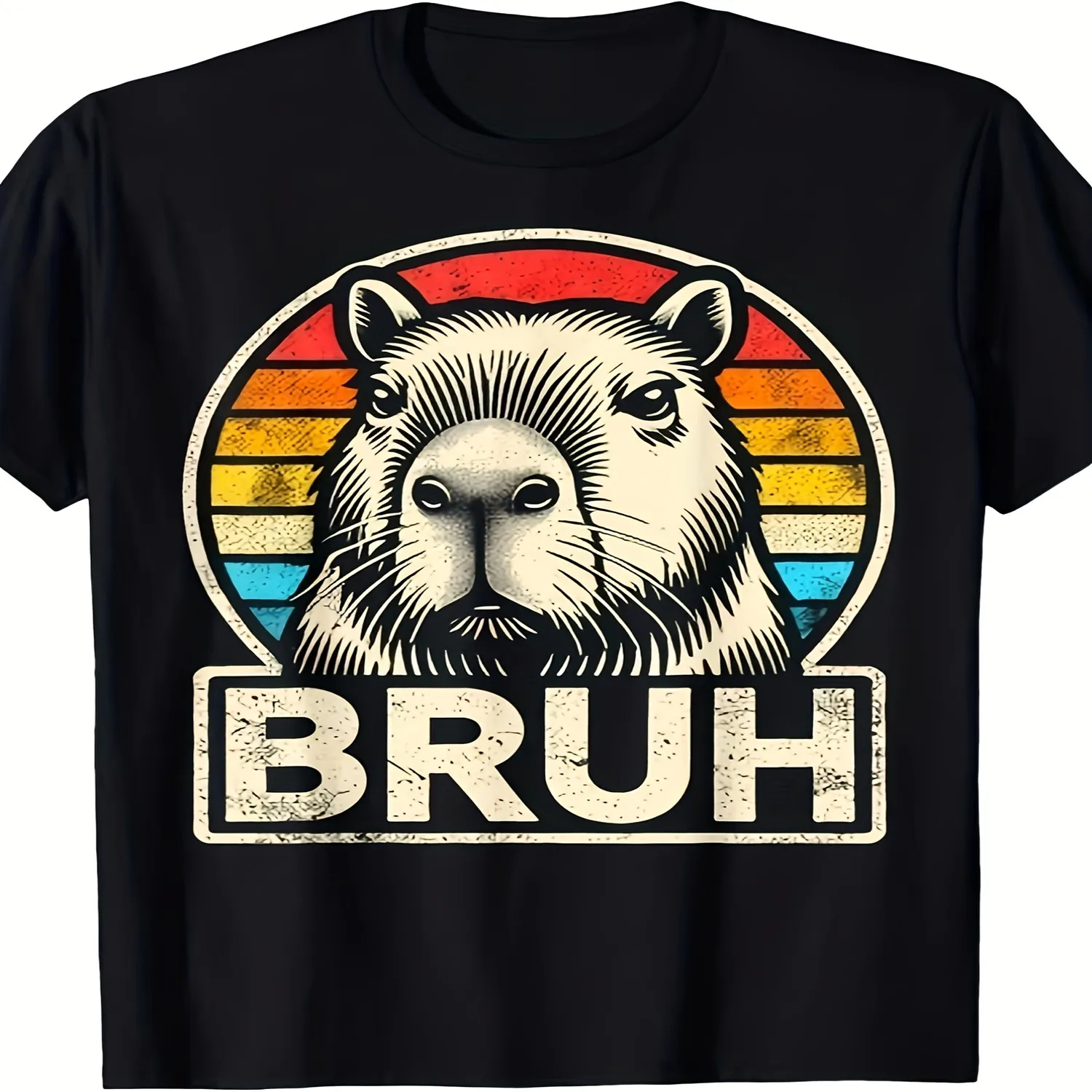 Funny Capybara Bruh Meme Tshirt Retro 80S Vintage Graphic Tee with Capybara Face Rainbow Design Unisex Heavyweight Sm Shirt for Men Unisex Allseason Casual Round Neck Short Sleeve Retro Casual Sh Men Graphic Tee, Weekend Casual Top