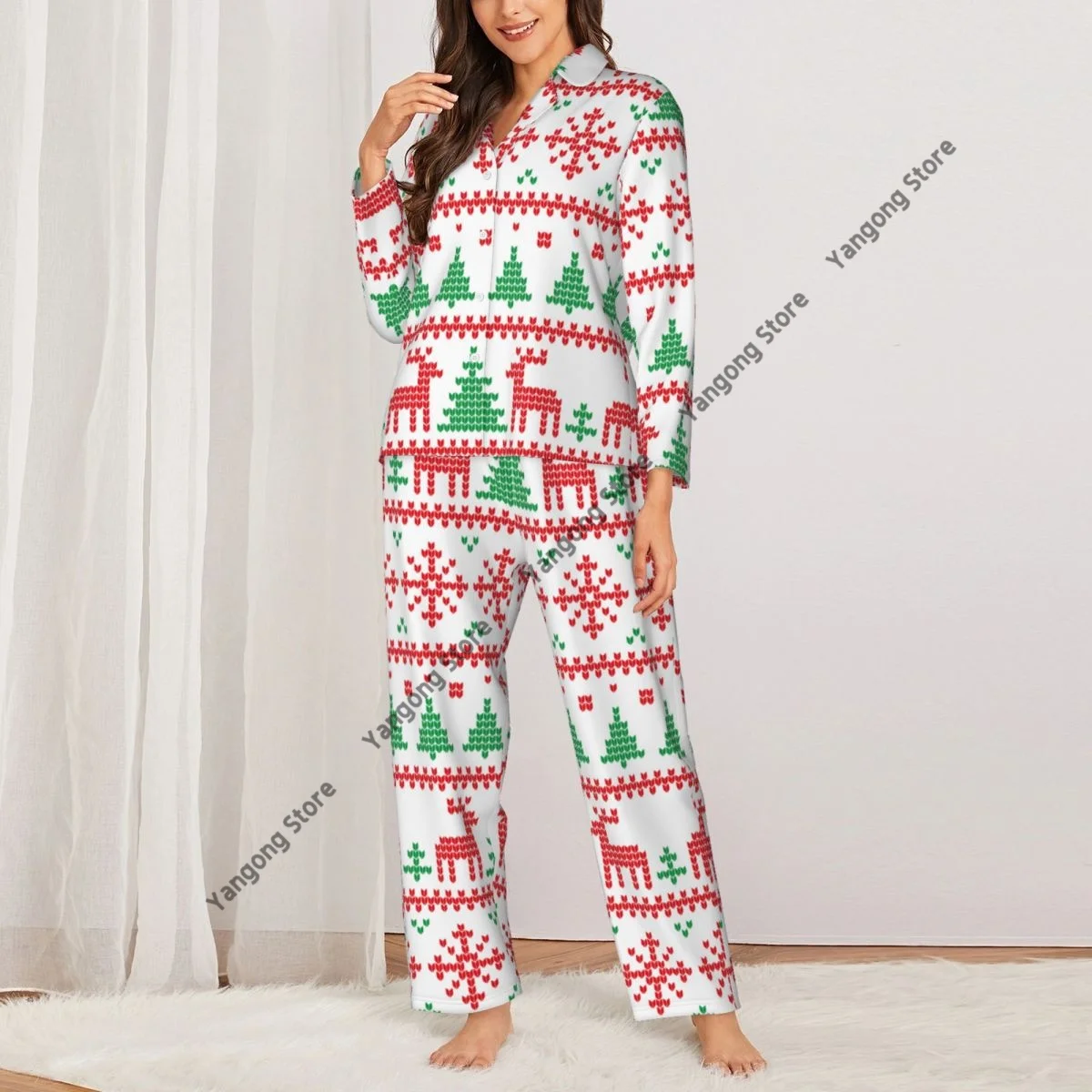 Spring and Autumn Long Sleeve Pants Pajamas Loungewear Set Christmas And New Year Pattern Women's Pull Edge Loose Sleeping Suit image 2