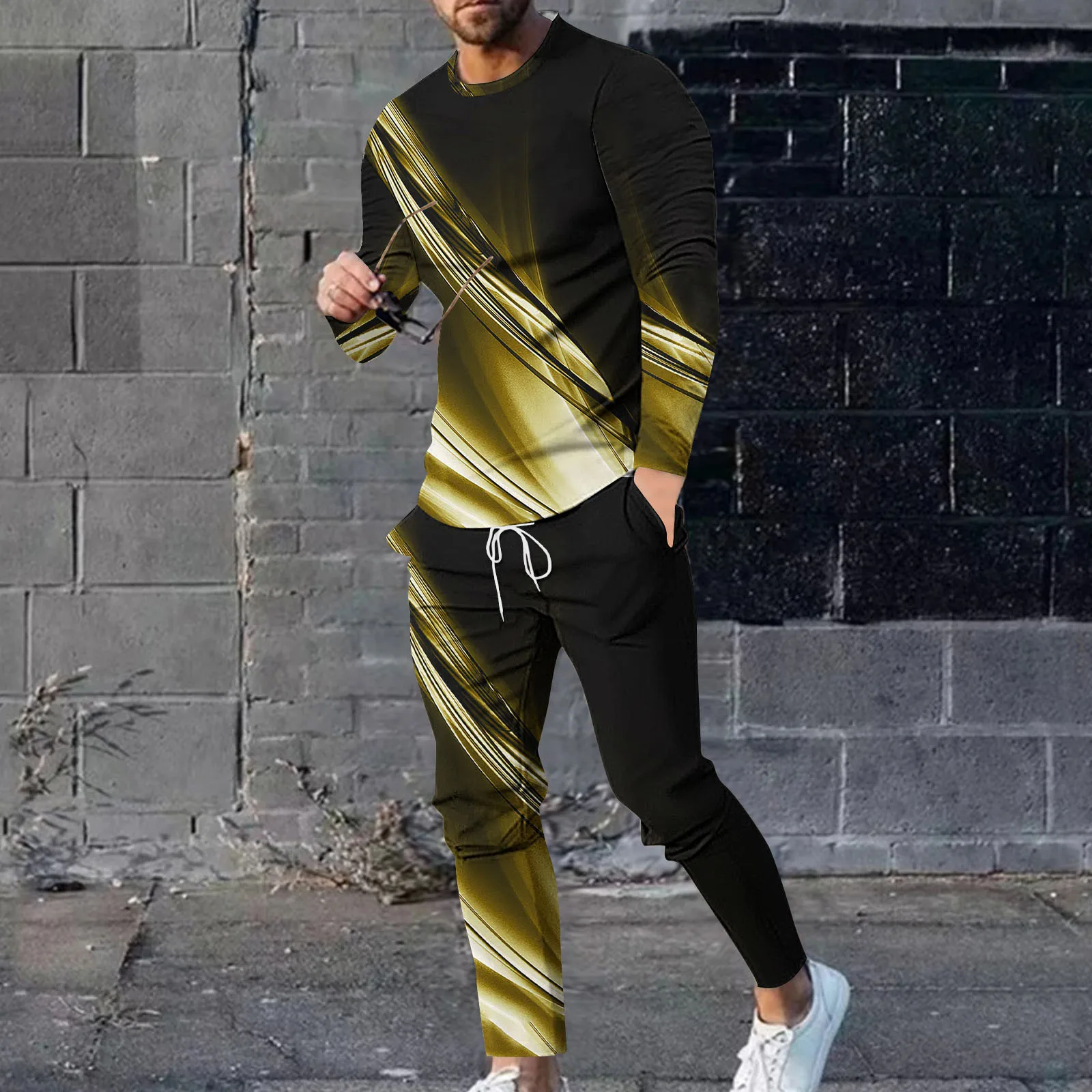 Herren Übergroßes T-Shirt mit Kontrastbesatz Rundhals Langarm 3D-Druck Zweiteiler Set Weich Locker Hip-Hop Street Casual Alltag Herbst – Detail 5