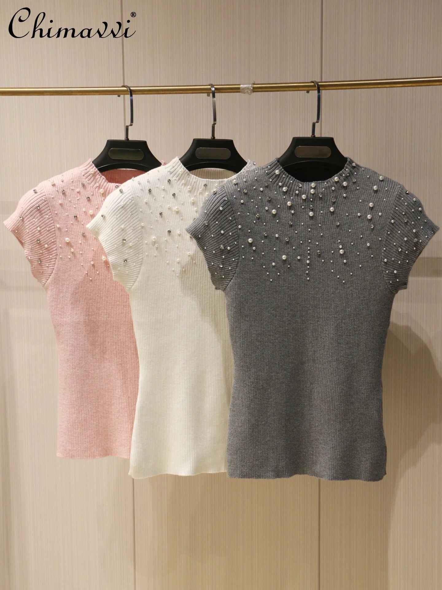 

Французский вязаный топ с коротким рукавом и бисером, женский, весна-лето 2026, новинка, круглый вырез, приталенный крой, элегантный пуловер