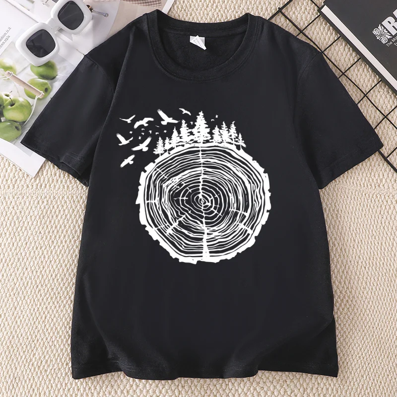 Tree Rings Forest T Shirt Casual  Short Sleeve Nature Tee Hiking Outdoor Camping T-Shirt Women Round Neck Tee