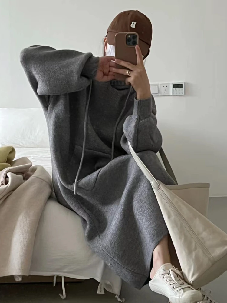 Jesienno-zimowe bluzy z kapturem, sukienki swetrowe dla kobiet, modne sukienki midi z koronkowym wiązaniem na dole, z kapturem, długie sukienki, ciepłe, codzienne, luźne bluzy.