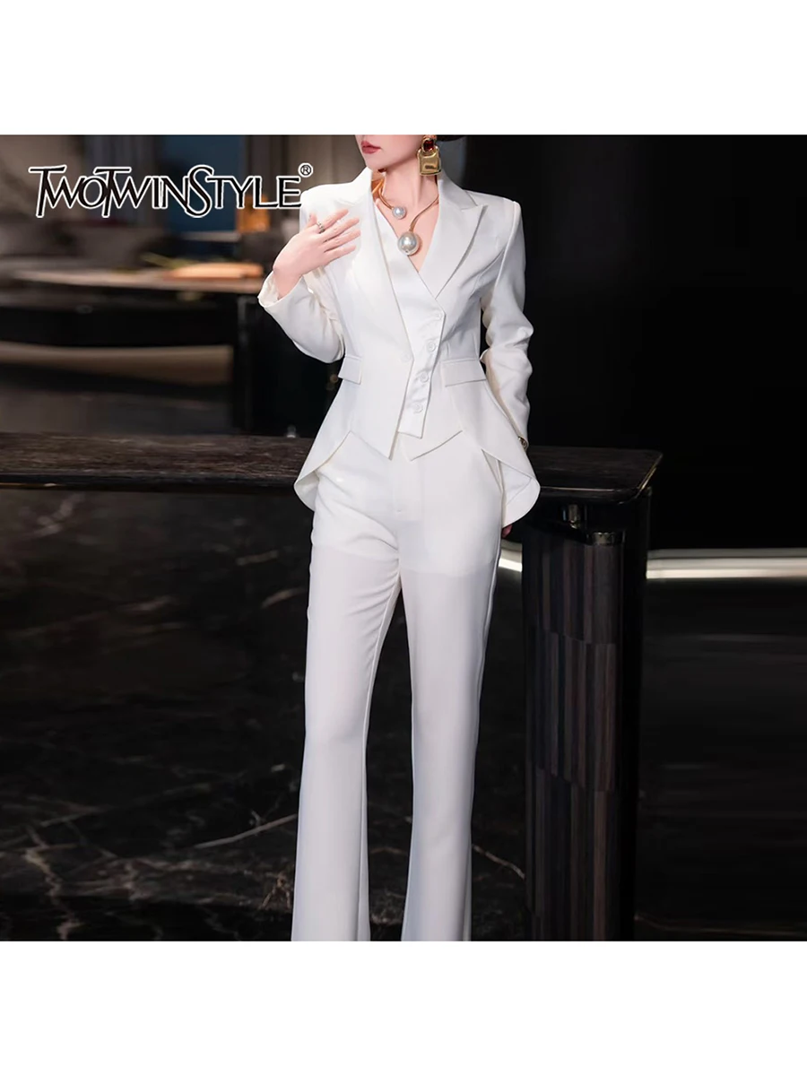 

TWOTWINSTYLE Solid Slimming Two Piece Sets for Women Lapel Long Sleeves Irregular Blazer High Waist Pant Temperament Set Female