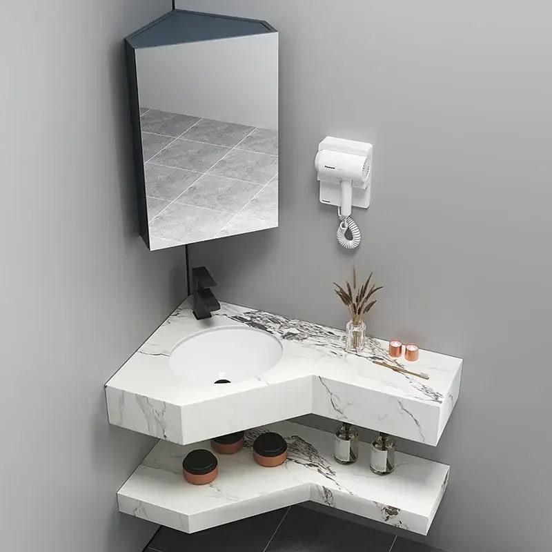 Triangular Bathroom Cabinet with Slate Ceramic Basin Bathroom Vanity Wall Mounted Bathroom Vanity with White Stone Countertop