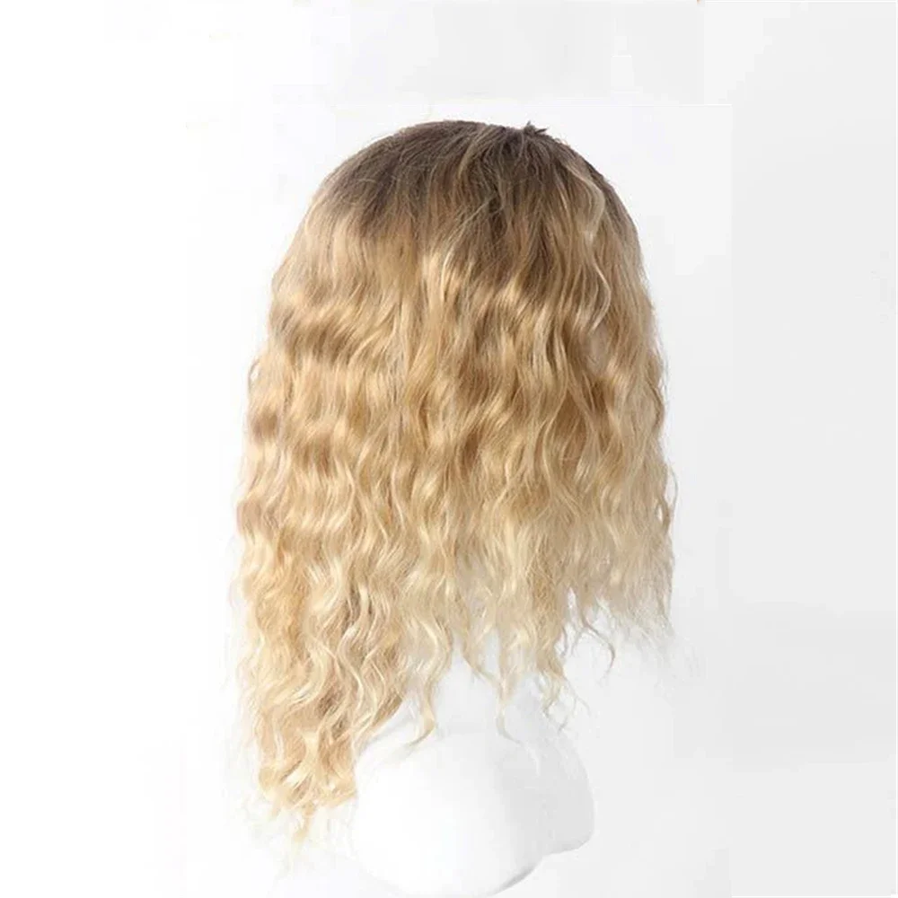 Ombre Blonde Water Wave Wool Roll Synthetic Short Curly Wig For Women 18 Inch Bob Golden Middle Part Heat Resistant Fiber Wig