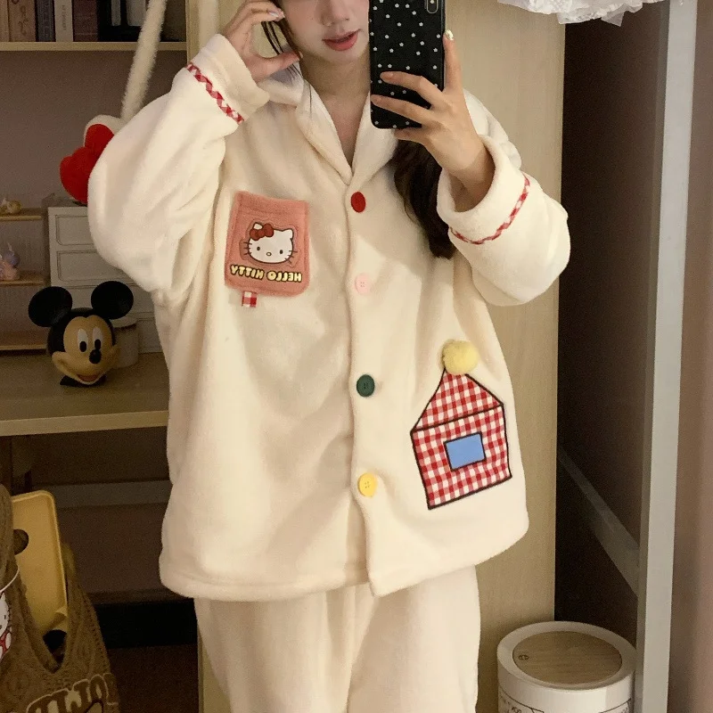 Sanrio Hello Kitty Winter Pajamas Women\'s Coral Fleece Lapel Sweet Wind Fleece Cartoon Long Sleeve Trousers Loungewear Set