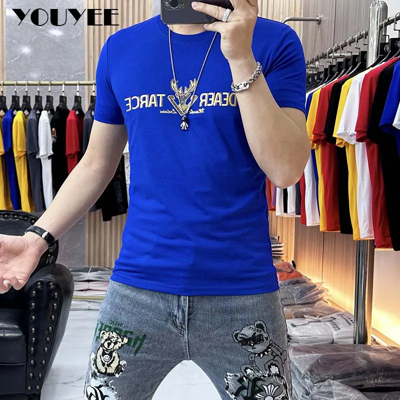 Men's T-shirt Gold Letter Printing High-quality Male Tees Round Neck Summer Fashion Trend Slim Fit Silky Cotton Top Man Clothing