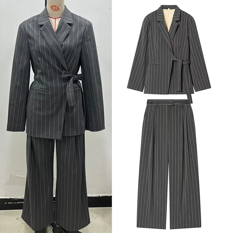 

Женский костюм 2026, новый модный весенний повседневный пиджак в полоску с запахом и широкие брюки, костюм для женщин, повседневный шикарный женский костюм