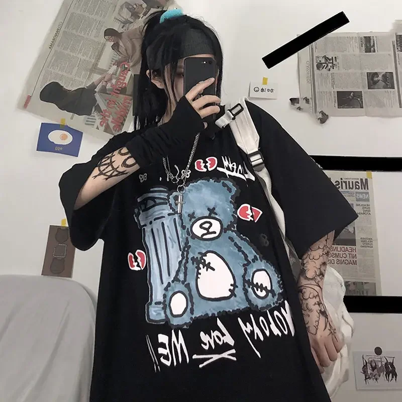 Women Gothic Anime T Shirt Graphic Bear Tshirt Short Sleeve Korean Pastel Goth Kawaii Clothes Grunge Tops Tee Shirt Femme 2021