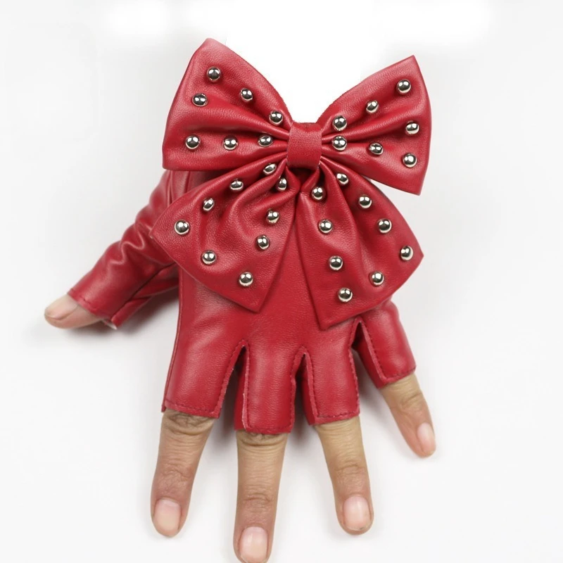 Half Finger Leather Gloves Lady Gaga Rivet Bow PU Show Nightclub Dance Half Finger Gloves