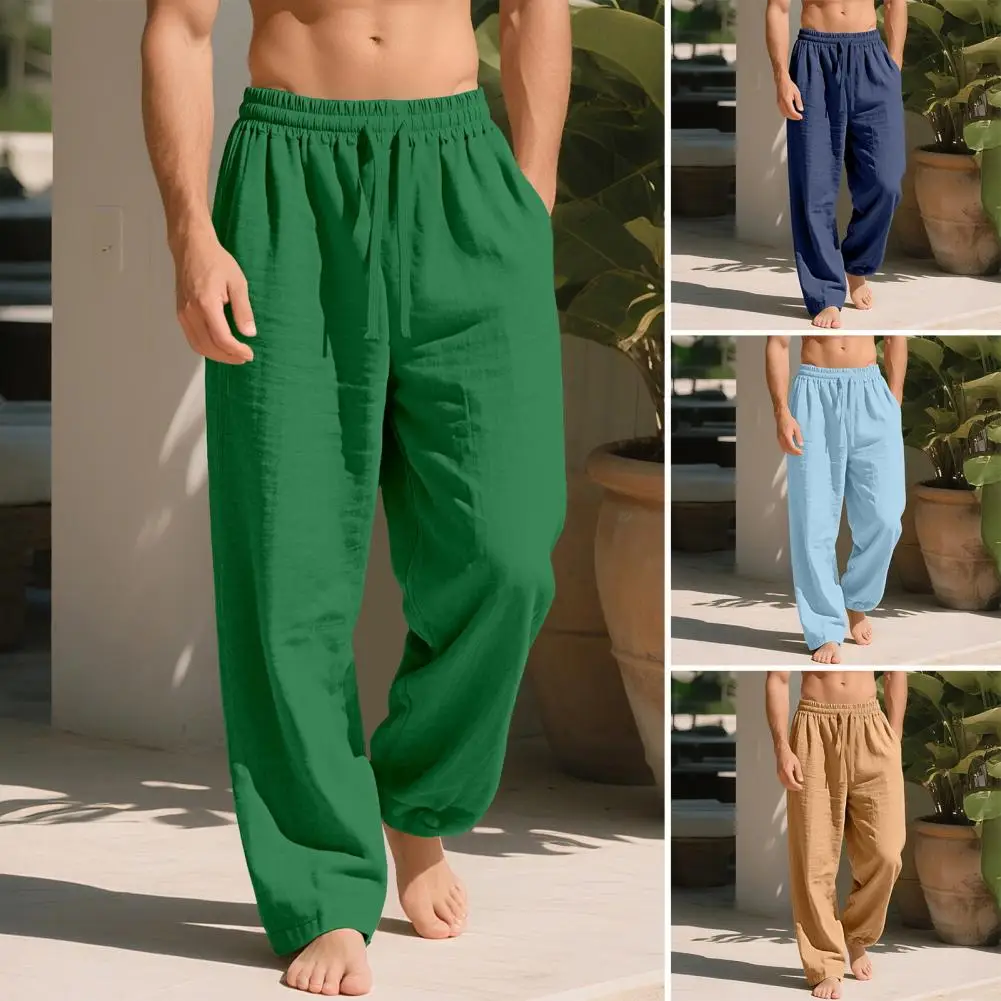 

Дышащие льняные брюки с завязками на талии, мужские льняные брюки с широкими штанинами, летние повседневные брюки с завязками на талии